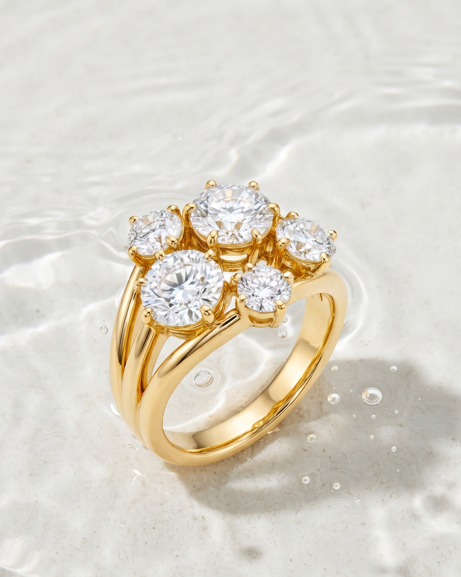 A gold ring with five round clear gemstones, photographed on a light textured surface with shallow water ripples around it. Per the rules, clear gemstones do not contribute a color, so the product color identity is based on the gold metal only.