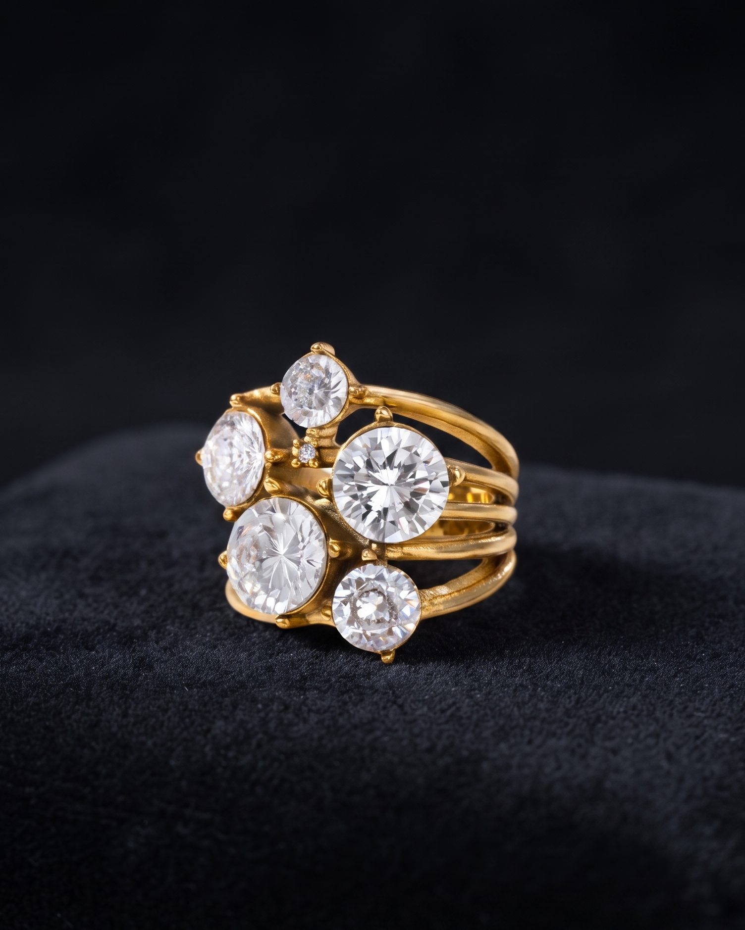 A gold ring with five clear round-cut gemstones, displayed on a textured black fabric surface against a dark background.