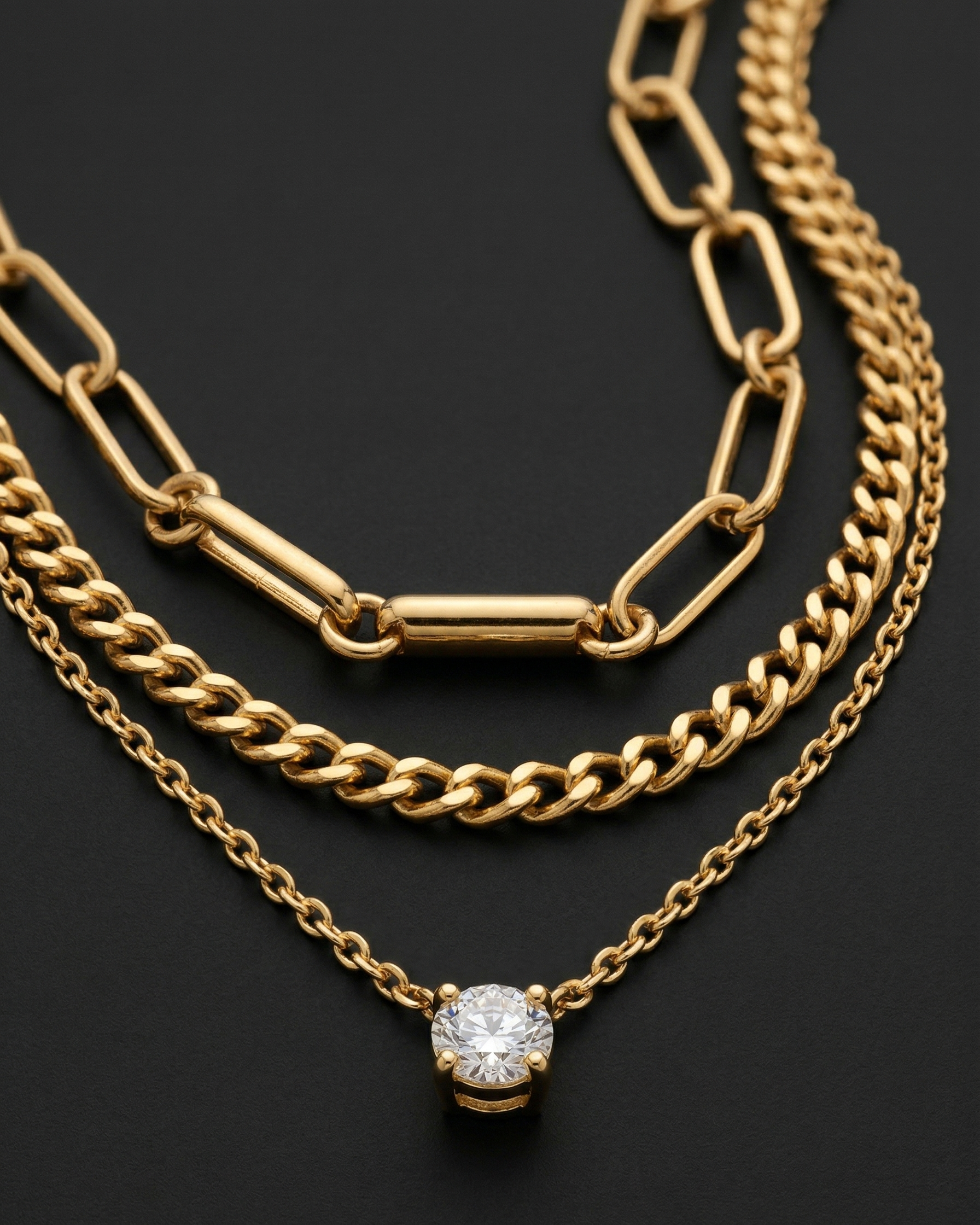 Three gold chain necklaces with a diamond pendant on a black background