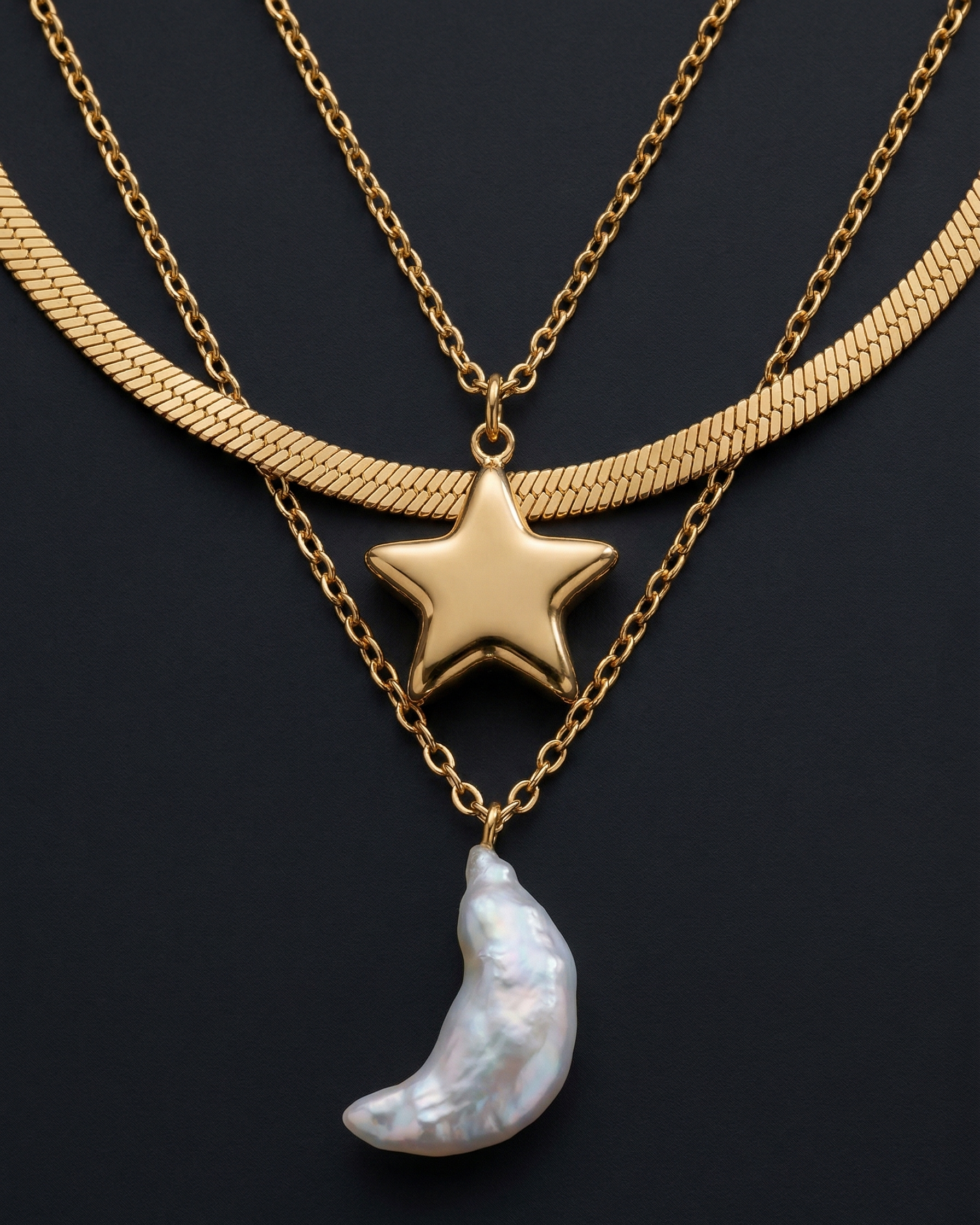 Two gold necklaces with star and moon pendants on a dark background
