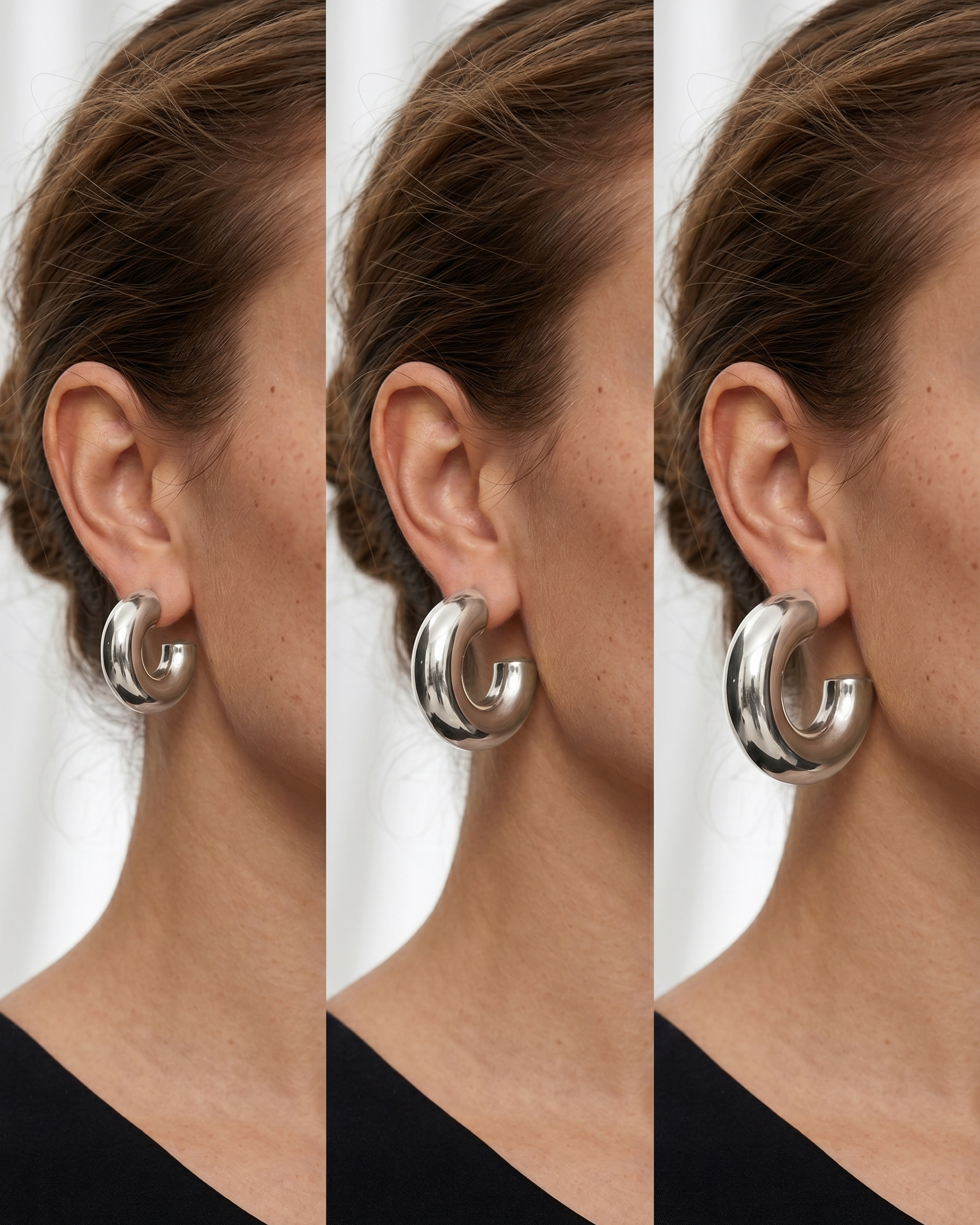 Three views of a person wearing silver hoop earrings on a white background