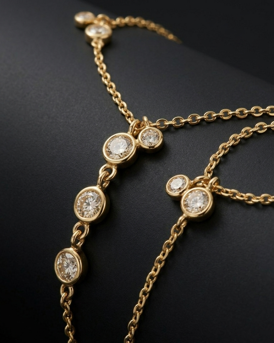 Gold necklace with diamond pendants on a dark background