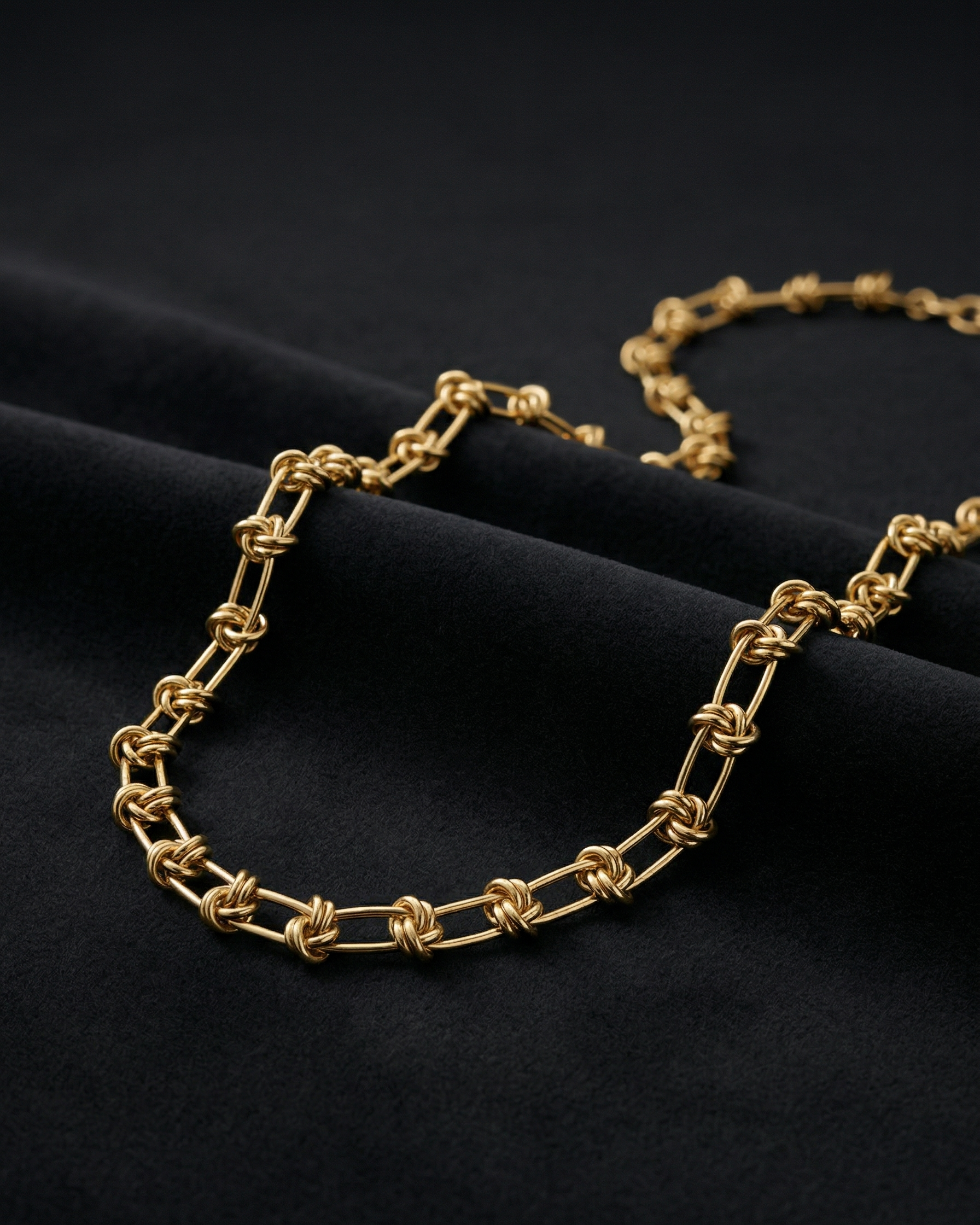 Gold chain necklace on a black fabric background