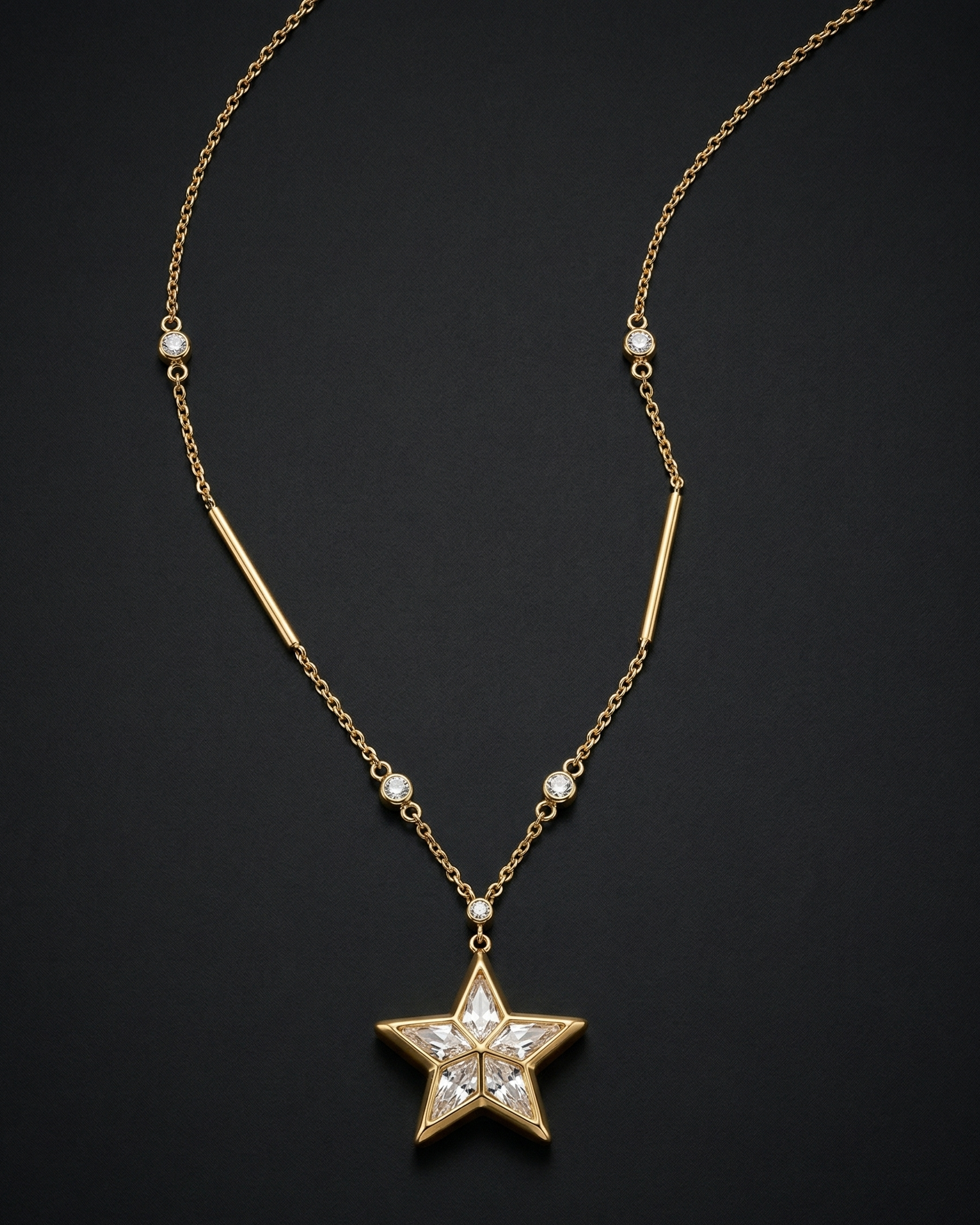 Gold necklace with a star-shaped pendant on a black background