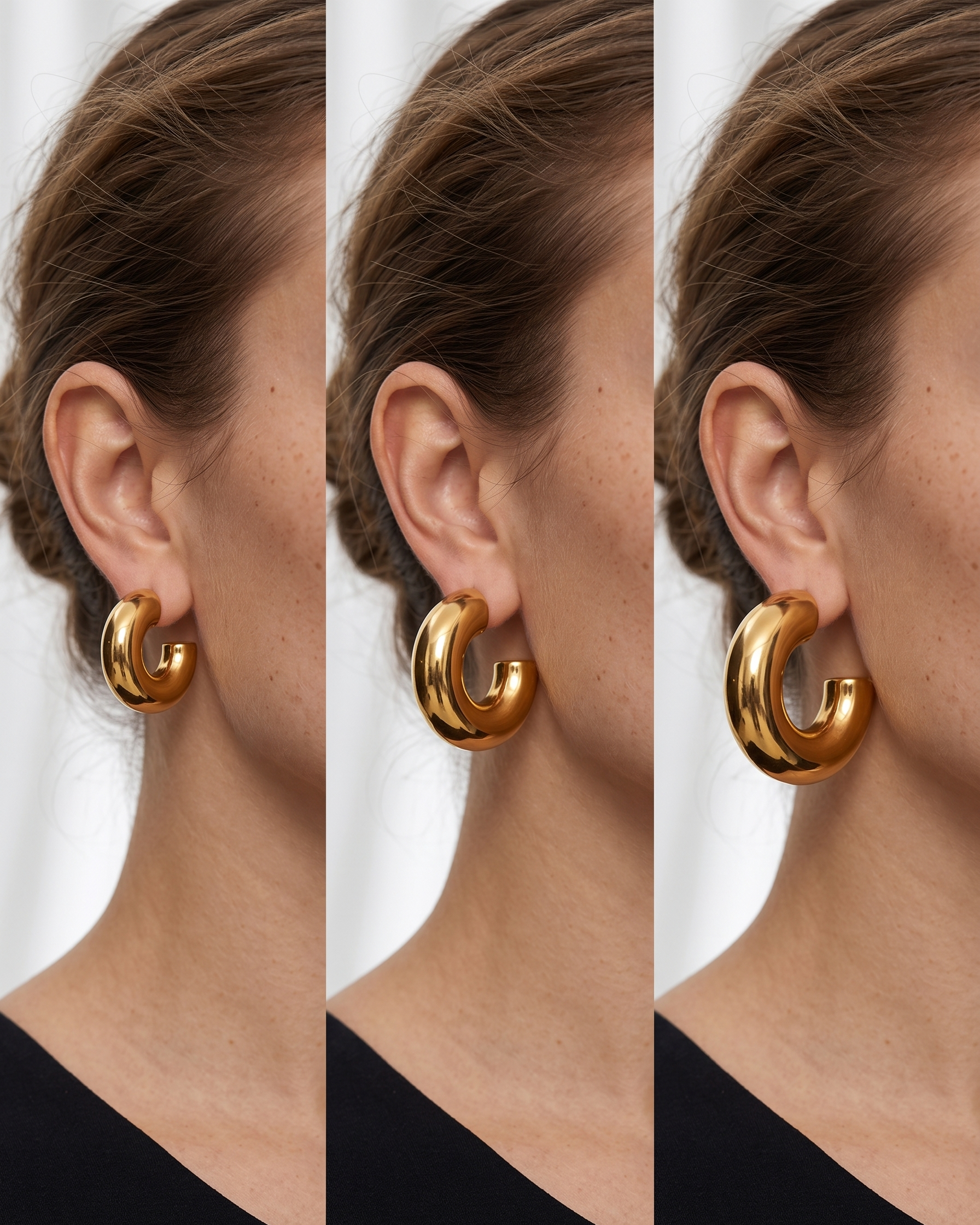 Three views of a gold hoop earring on a person with a neutral background