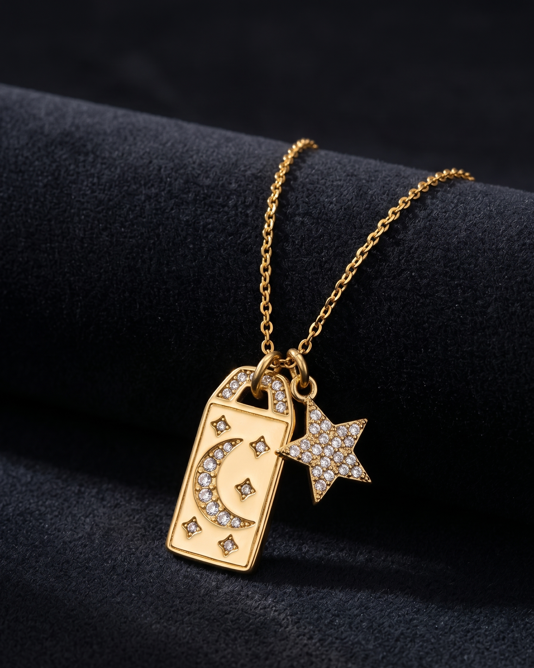 Gold necklace with star and card pendant on a dark background