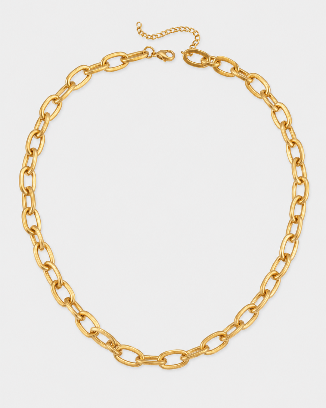 A chunky gold chain necklace with large oval links and a spring-ring clasp, displayed on a light gray background.