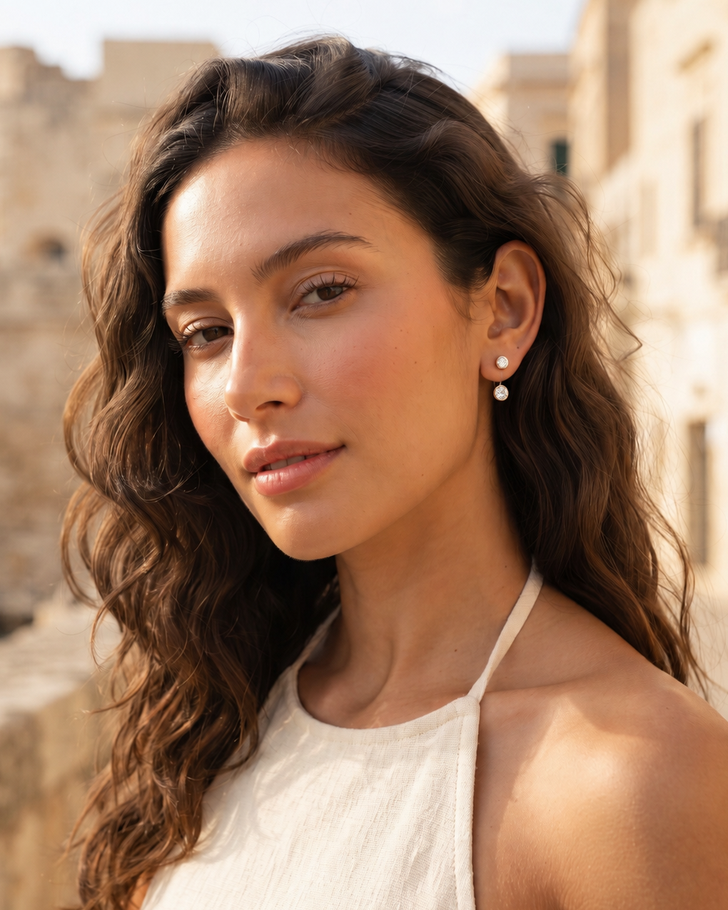 A woman with long wavy brown hair wearing a white halter top and small pearl stud earrings, photographed outdoors against a warm beige stone building background.