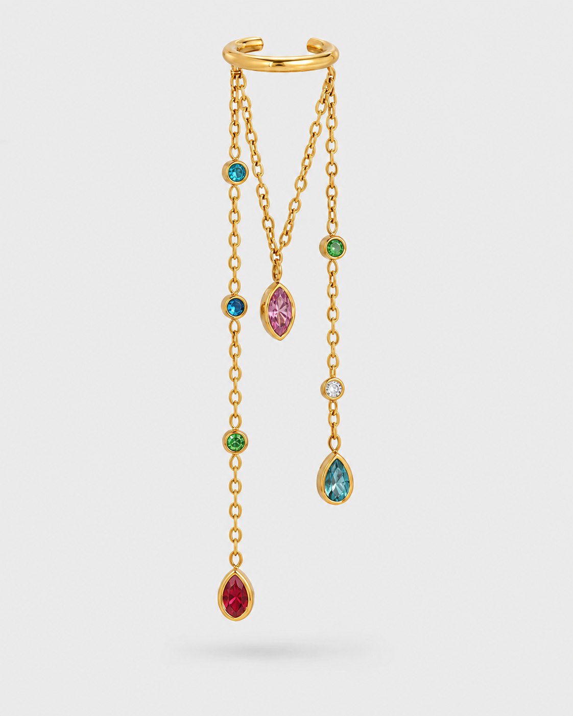 A gold-toned multi-drop lariat-style ring with multiple dangling chains adorned with colorful gemstones, including pink, blue, green, and red teardrop and marquise-cut stones, set against a light gray background.