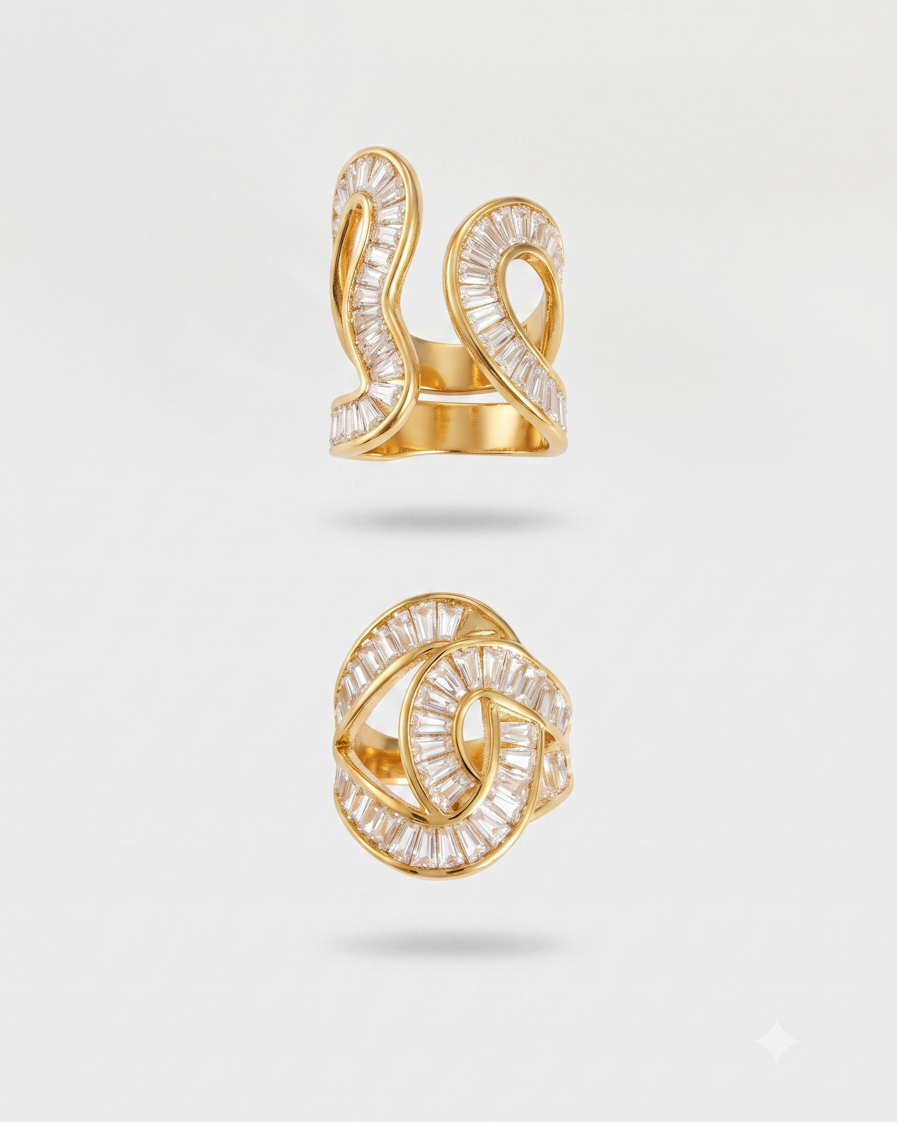 A gold ring with a double knot design, paved with clear baguette-cut diamonds, shown in two views against a light gray background.