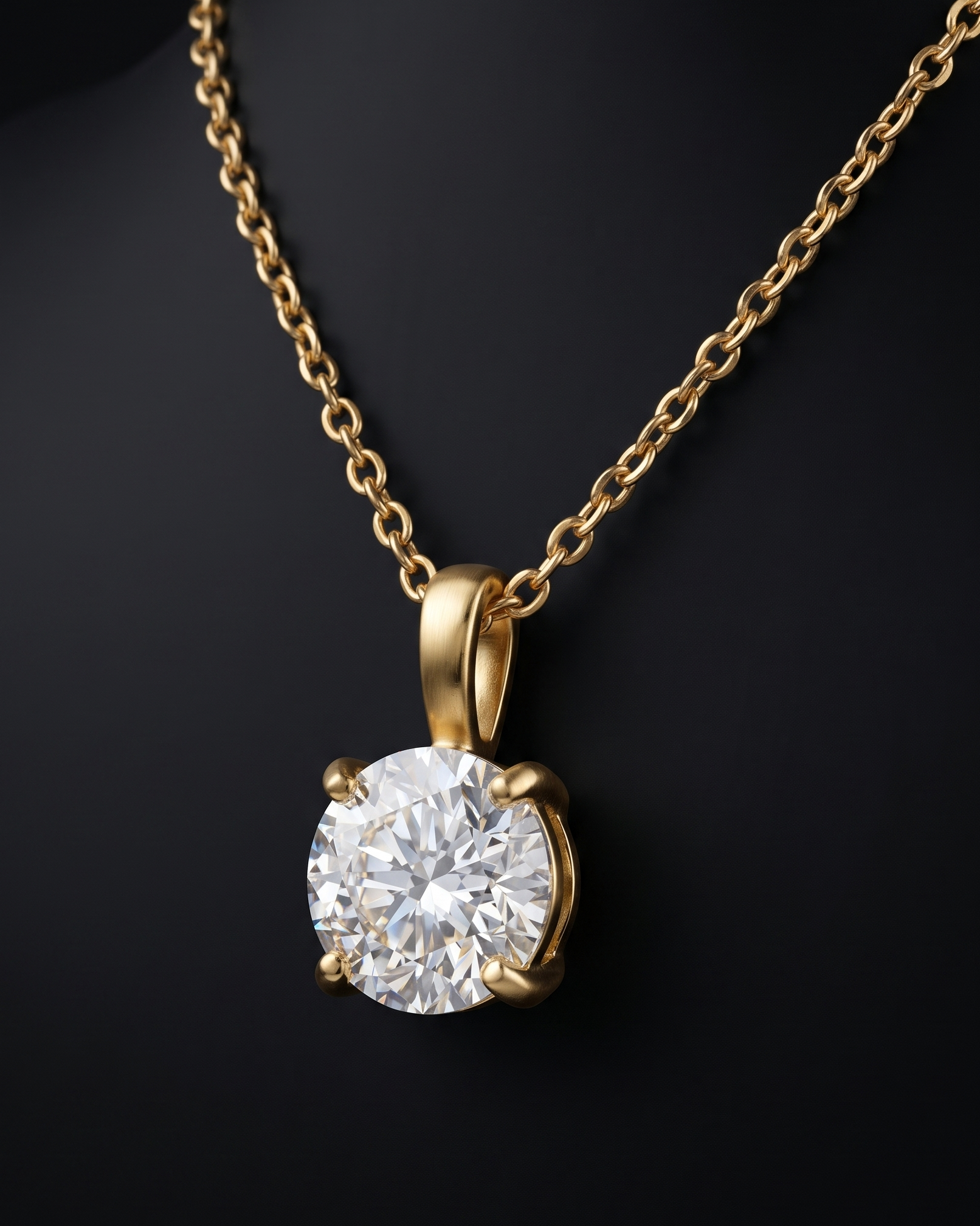 Gold necklace with a diamond pendant on a black background