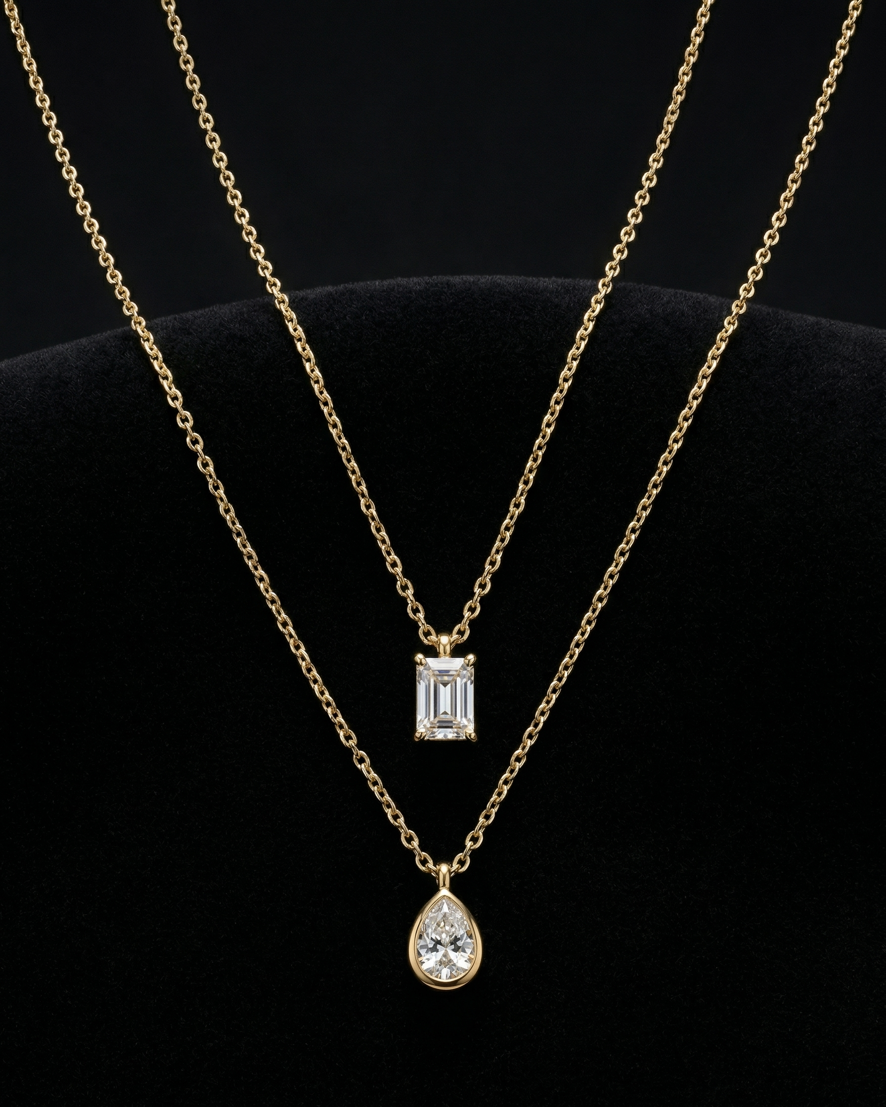 Two gold necklaces with diamond pendants on a black background