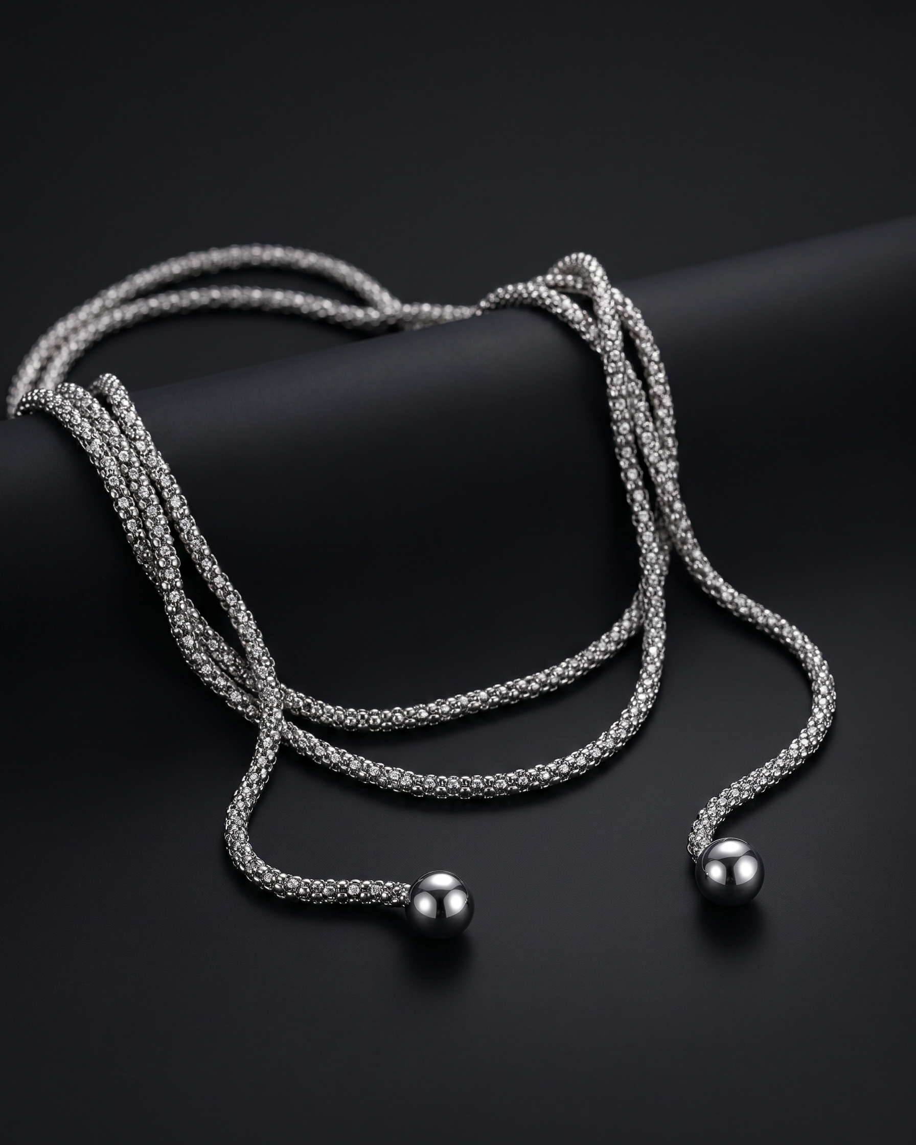 Silver necklace with spherical ends on a dark background