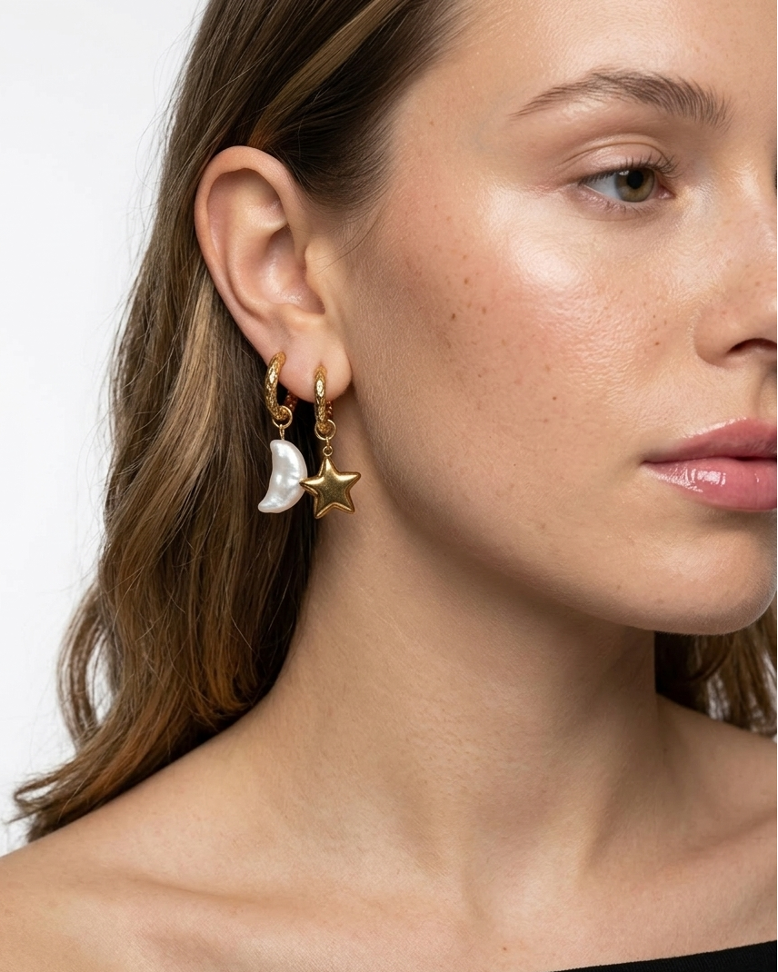 Close-up of a woman wearing gold earrings with star and moon designs.