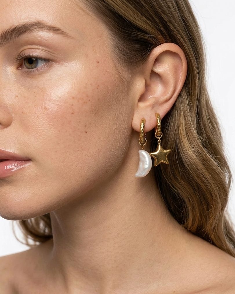Close-up of a woman wearing gold earrings with star and moon designs on a white background