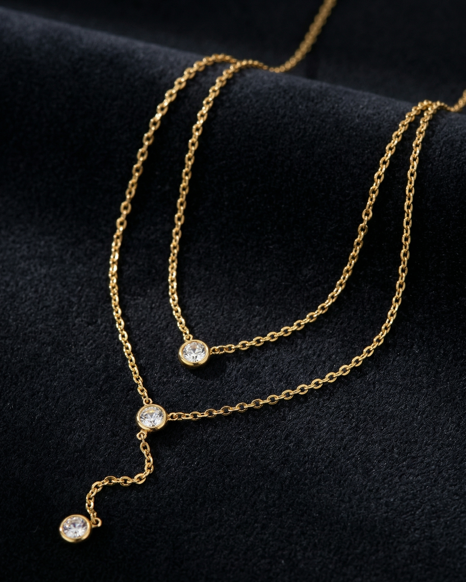 Gold necklace with small round stones on a black background