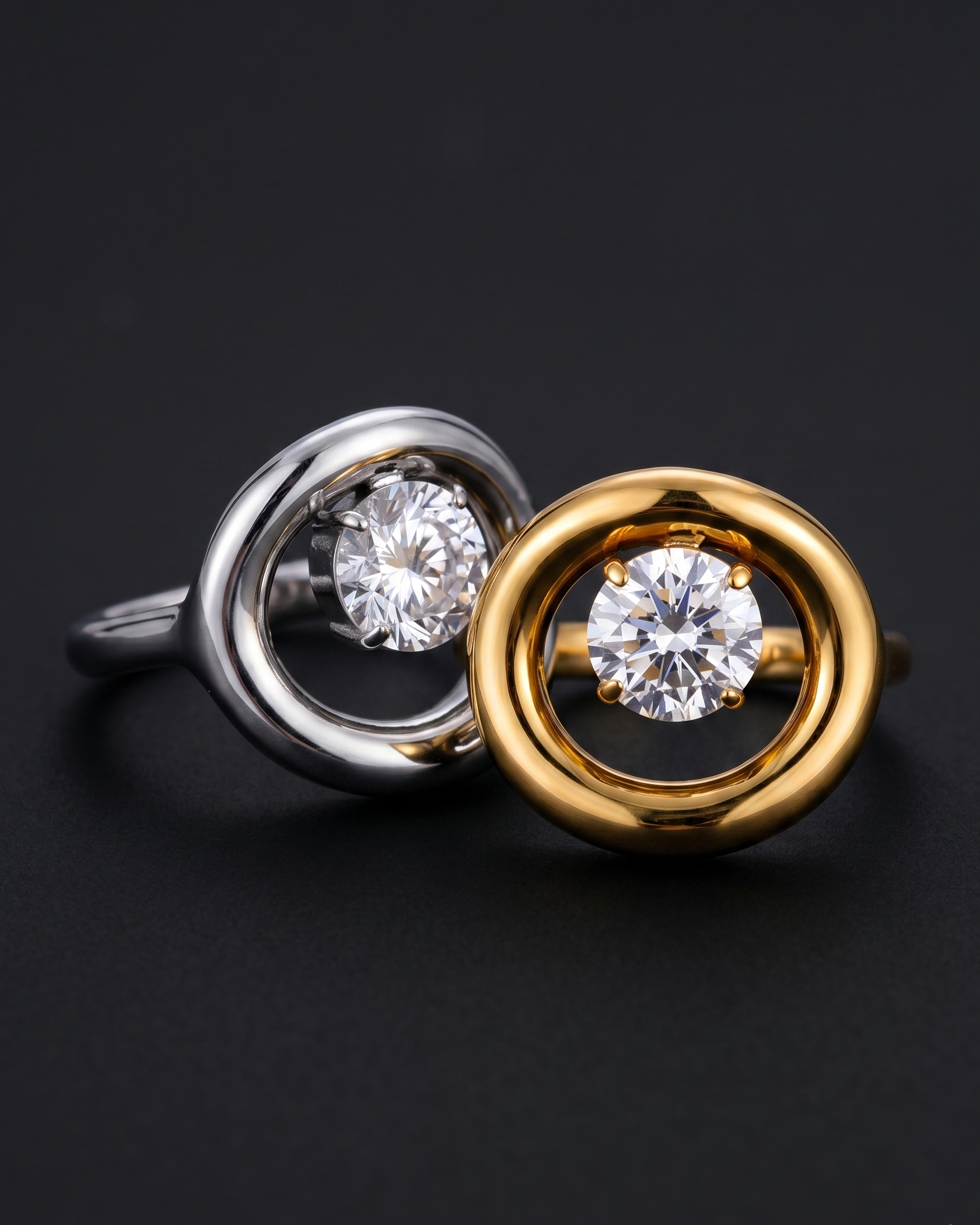 Two diamond rings, one silver and one gold, on a black background