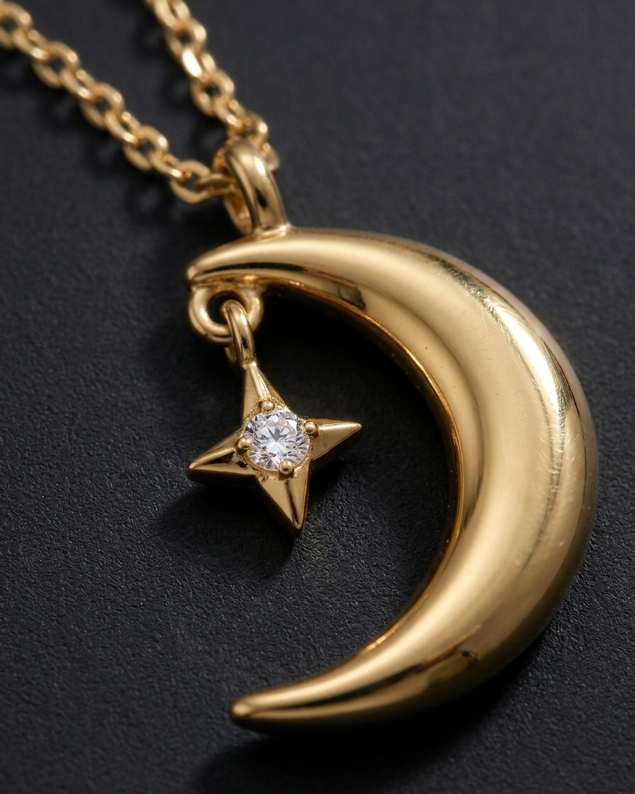 Gold necklace with a crescent moon and star pendant on a dark background