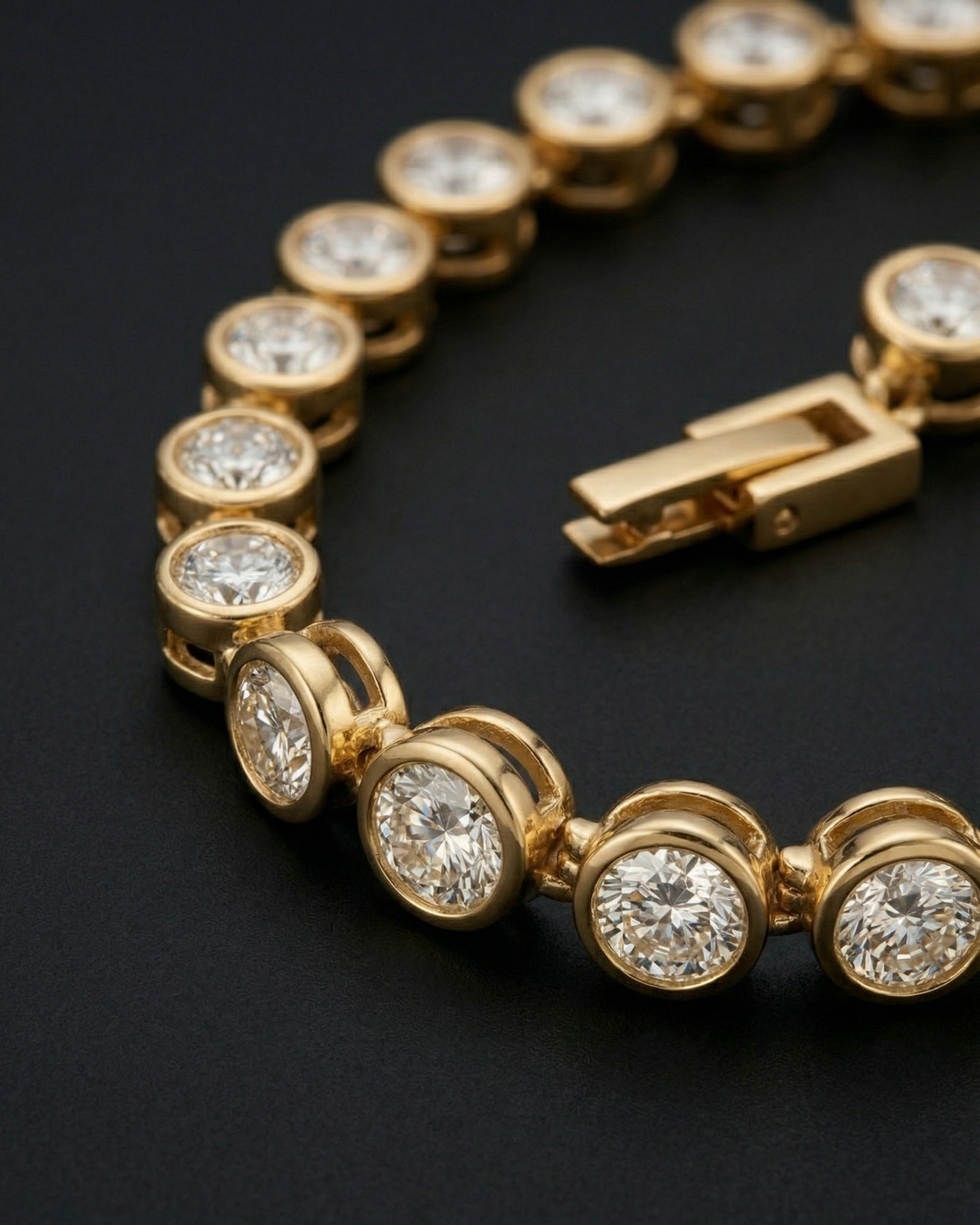 Gold bracelet with diamond beads on a dark background