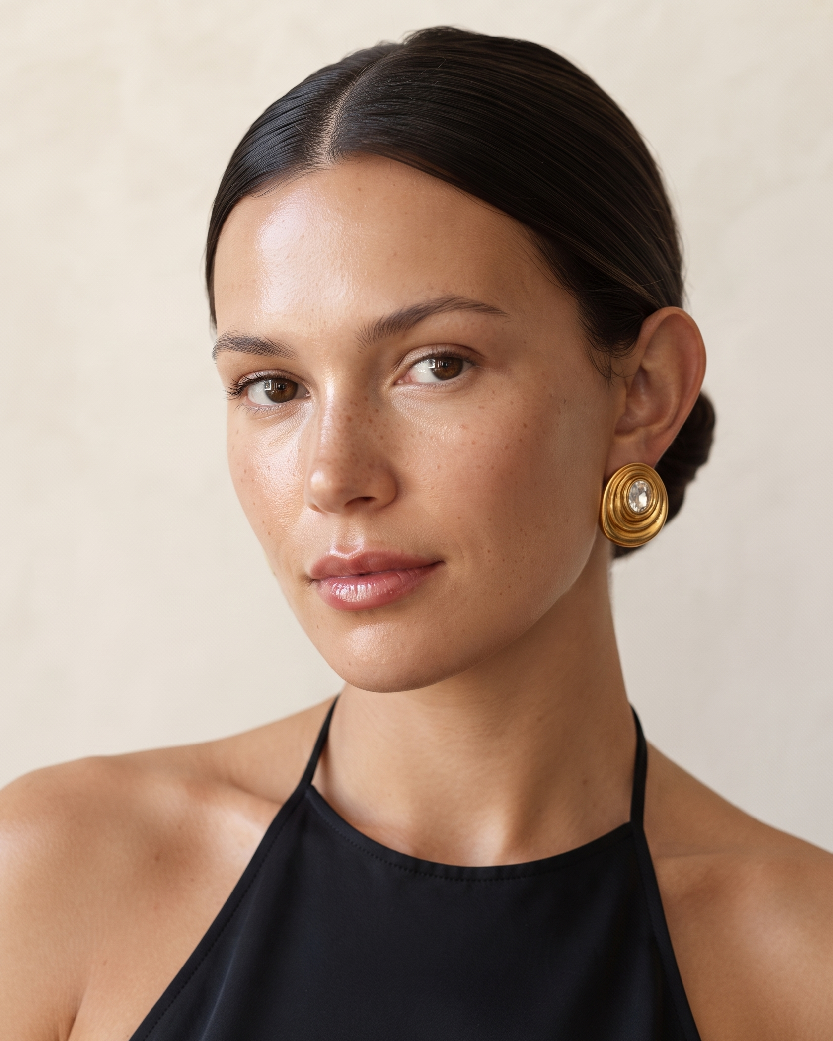 A close-up portrait of a woman wearing a gold-toned spiral earring with a white pearl center, paired with a black halter top against a warm beige textured background.