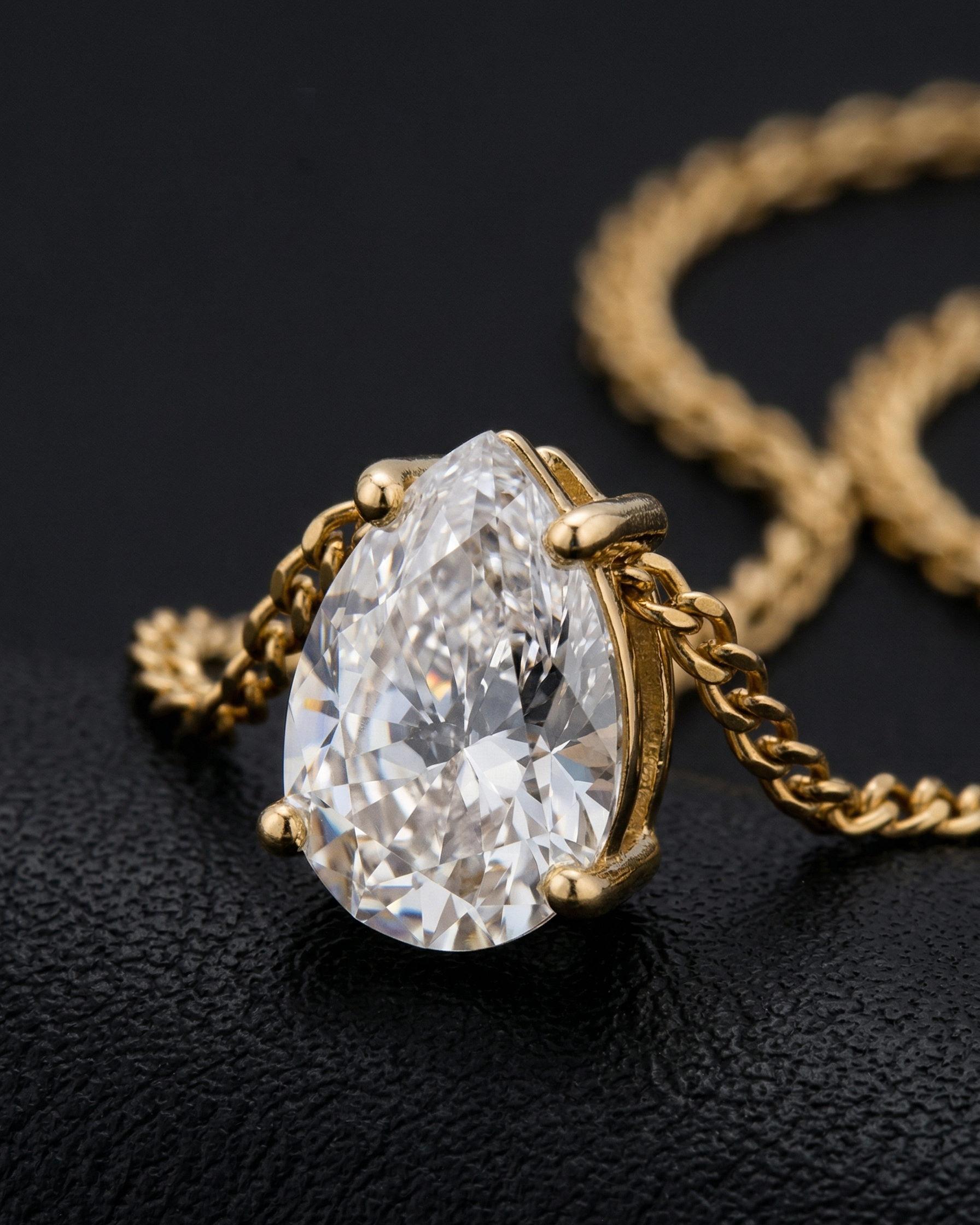 Gold necklace with a large teardrop-shaped diamond on a dark background