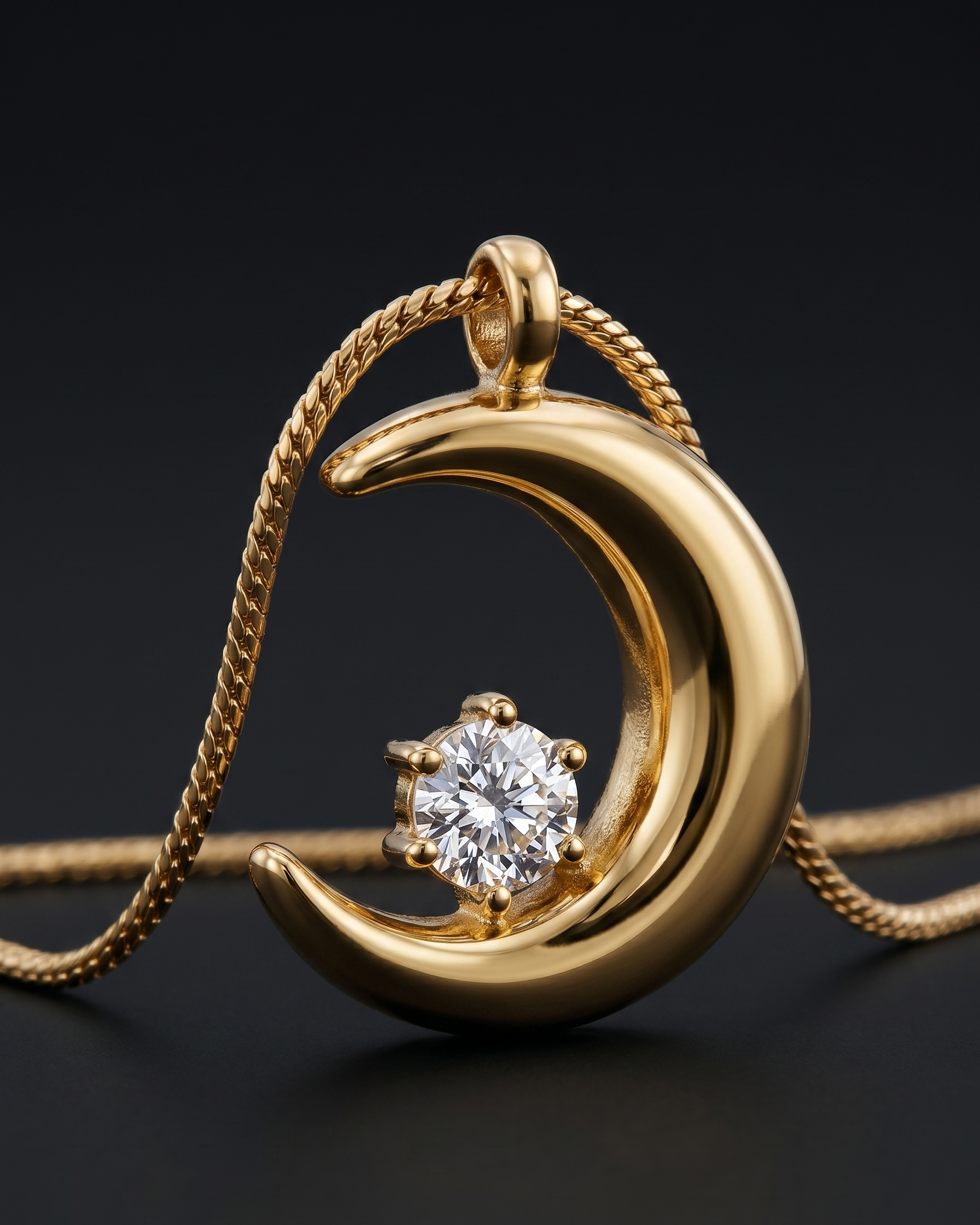 Gold crescent moon pendant with a diamond on a dark background
