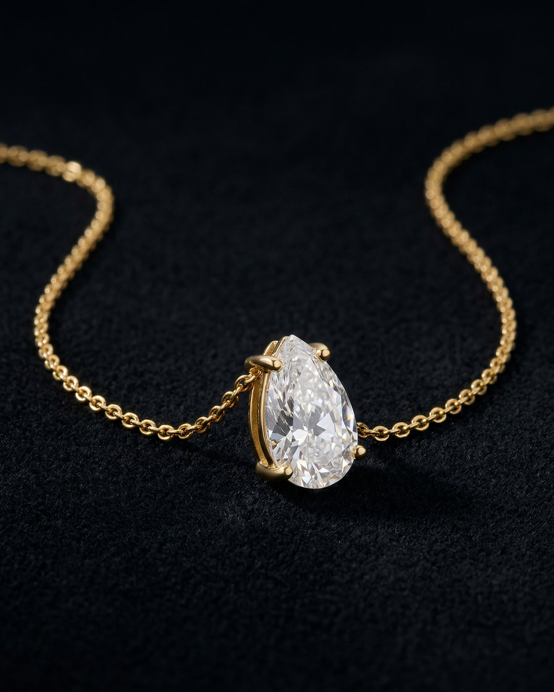 Gold necklace with a pear-shaped diamond pendant on a black background