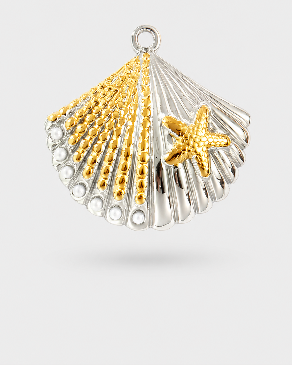 A two-tone shell-shaped pendant charm featuring a textured silver shell design with gold beaded rays and a small gold starfish accent, shown on a light gray background.
