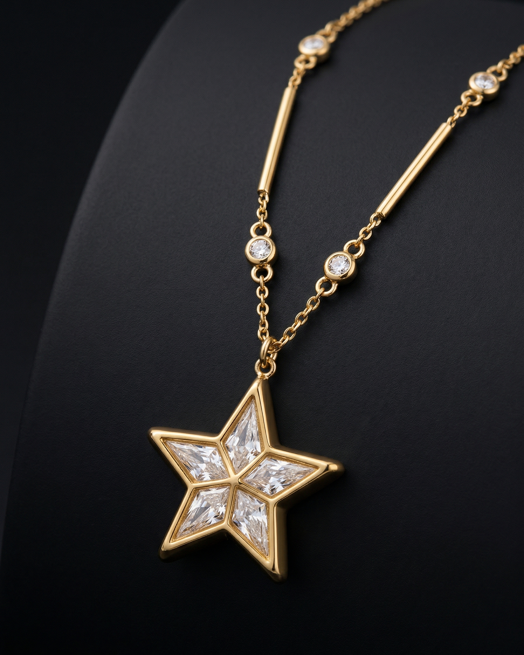 Gold necklace with a star-shaped pendant on a black background